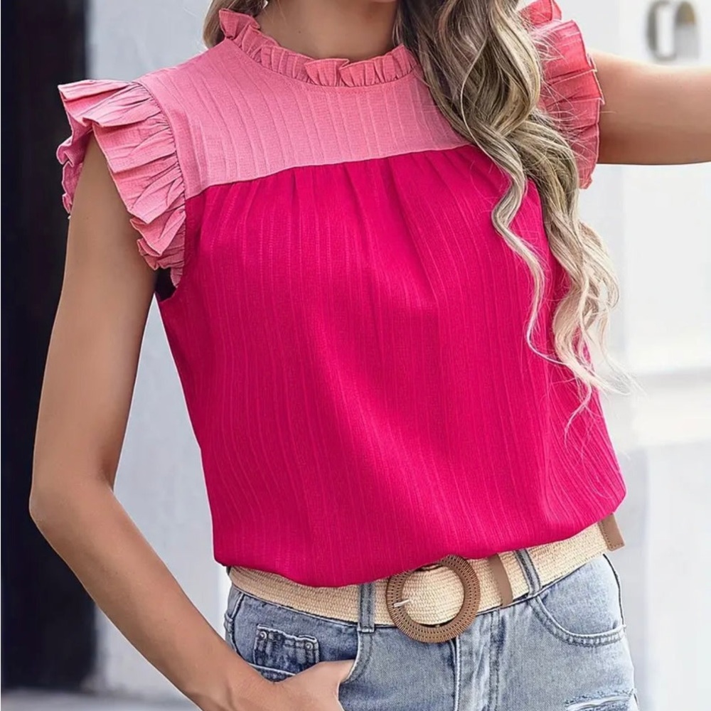 Light Pink/Hot pink Ruffle Sleeve Boutique Women's Top